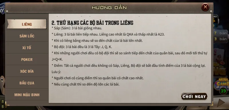 Đặc điểm Thứ hạng trò chơi Liêng Sky88